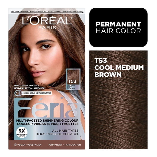 L'Oréal Paris Feria permanent hair dye in T53 Cool Medium Brown shade, featuring multi-faceted shimmering colour with 3X highlights and bonding complex conditioner, vegan formula suitable for all hair types for vibrant, permanent hair colour.