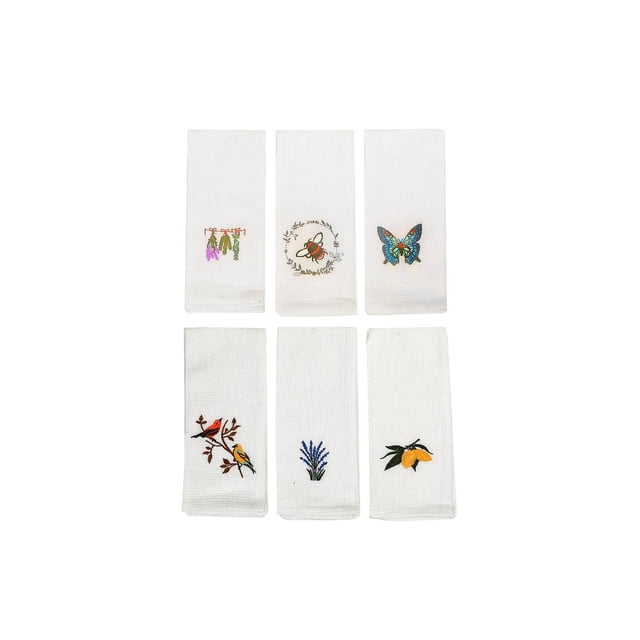 IH Casa Decor Serviette de Cuisine Gaufrée Blanche Brodée Asstd - Ensemble de 6, six Serviettes de Cuisine en Coton Gaufré Blanc Brodées Chacune avec Différents Motifs Colorés Incluant des Fleurs, des Oiseaux, un Papillon, une Abeille, une Lavande et des Citrons, Mesurant 18 par 28 Pouces, Idéal pour la Cuisine et Facile à Laver.