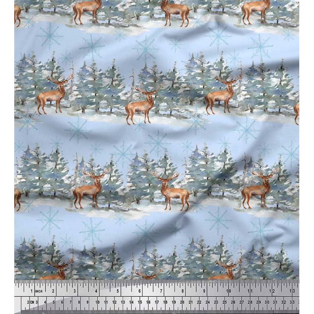 Soimoi Blue Georgette Viscose Fabric Reindeer & Snowflakes Tree Print Sewing Fabric Yard 42 Inch Wide