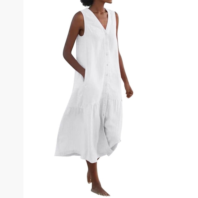 Cameland Robe Femme Mode Unie Solor à Col en V Sans Manches à Boutons en Coton et Lin