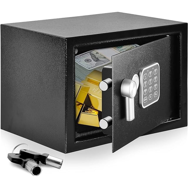 SereneLife digital combination lock safe box with a black powder-coated finish, shown with its door open revealing stored cash, gold bars, and valuables. Features a reinforced solid steel wall construction, dual steel door locking bolts, and an electronic lock system with a customizable key code. Includes two manual override keys, pre-drilled holes for wall or floor mounting, and a low battery indicator. Dimensions: 13.8 x 9.8 x 9.8 inches.