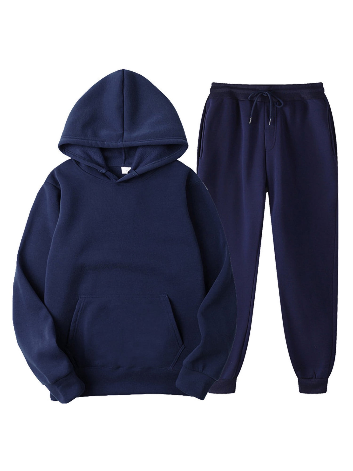 Innerwin Hoodies And Sweatpant Set Solid Color Mens Tracksuit Winter Hooded Warm 2 Piece Hoodie Navy Blue XS