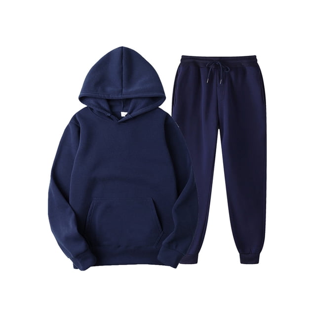 Innerwin Hoodies And Sweatpant Set Solid Color Mens Tracksuit Winter Hooded Warm 2 Piece Hoodie Navy Blue XS