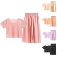 thumbnail image 1 of Qtocio Ensemble Décontracté d'Été 2 Pcs pour Grands Enfants, Haut à Manches Courtes en Soie Glacée Uni à Col Rond et Pantalon Droit, 1 of 5