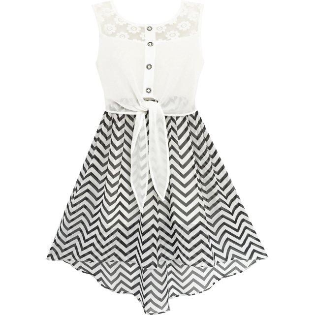 Robe Fille Dentelle à Chiffon Rayée Noir Blanc Taille Nouée 7 Ans