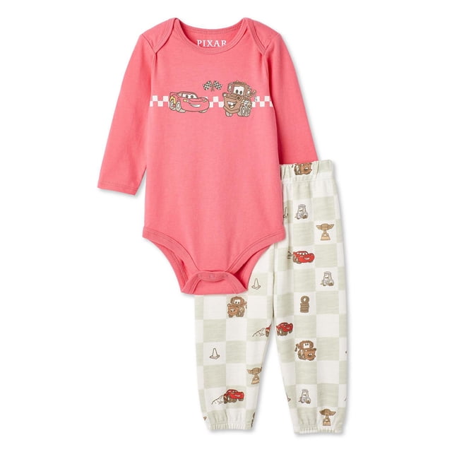 Disney Baby Ensemble de Deux Pièces pour Garçons Cars, Justaucorps en Tricot jersey à Manches Longues Corail Rose avec Lightning McQueen et Graphique de Mater et Entrejambe à Bouton-Pression, Assorti à des joggers en Molleton à Carreaux beige et Blanc avec Taille Élastique, Poignets et Imprimés Intégraux de Personnages Cars.