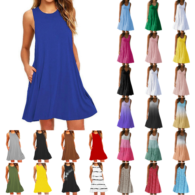 UPPADA Robes pour Femmes 2024 Robe Débardeur Sans Manches Décontractée Ligne A Robe de Plage Ample Fluide Mini Robes d'Été avec Poches