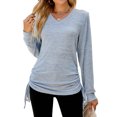 thumbnail image 1 of Jsaierl Womens Casual Side Drawstring Tops Solid Color Long Sleeve V Neck Blouses Ruched Hide Belly Workout Tunics Fall Winter Warm Soft Pullover, 1 of 4