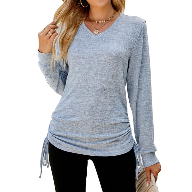 Jsaierl Womens Casual Side Drawstring Tops Solid Color Long Sleeve V Neck Blouses Ruched Hide Belly Workout Tunics Fall Winter Warm Soft Pullover