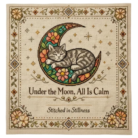 Moonlit Cat – Floral Moon Needlepoint Kit for DIY Embroidery on Celestial Design for Beginners and Experts Home Crafting Project