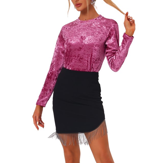 INSPIRE CHIC T-Shirts en Velours pour Femmes Col Rond Manches Longues Décontracté L Fuchsia
