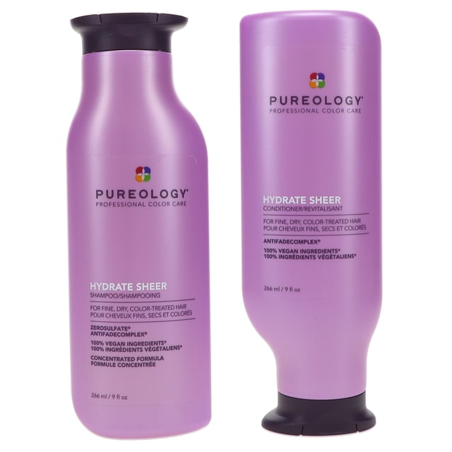 Pureology Hydrate Shampoing Transparent et Revitalisant 9 oz, Paquet Combiné, Comprenant Deux Bouteilles de Lavande avec Capsules Noires. Cet Ensemble de Shampoing et Revitalisant Végétalien Est Formulé pour les Cheveux Fins et Colorés, Offrant Hydratation, Nutrition et protection de la Couleur pour Cheveux Secs.