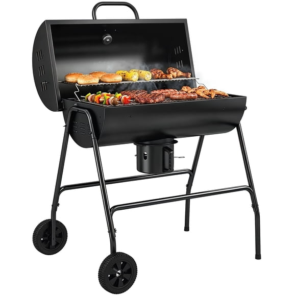 Outsunny Barrel Charcoal BBQ Smoker, Wheeled Barbecue, Black