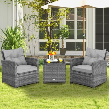 Costway Ensemble Bistro de Mobilier de Patio en Rotin 3 Pcs Canapés Coussinés Table d'Appoint Accoudoirs Gris