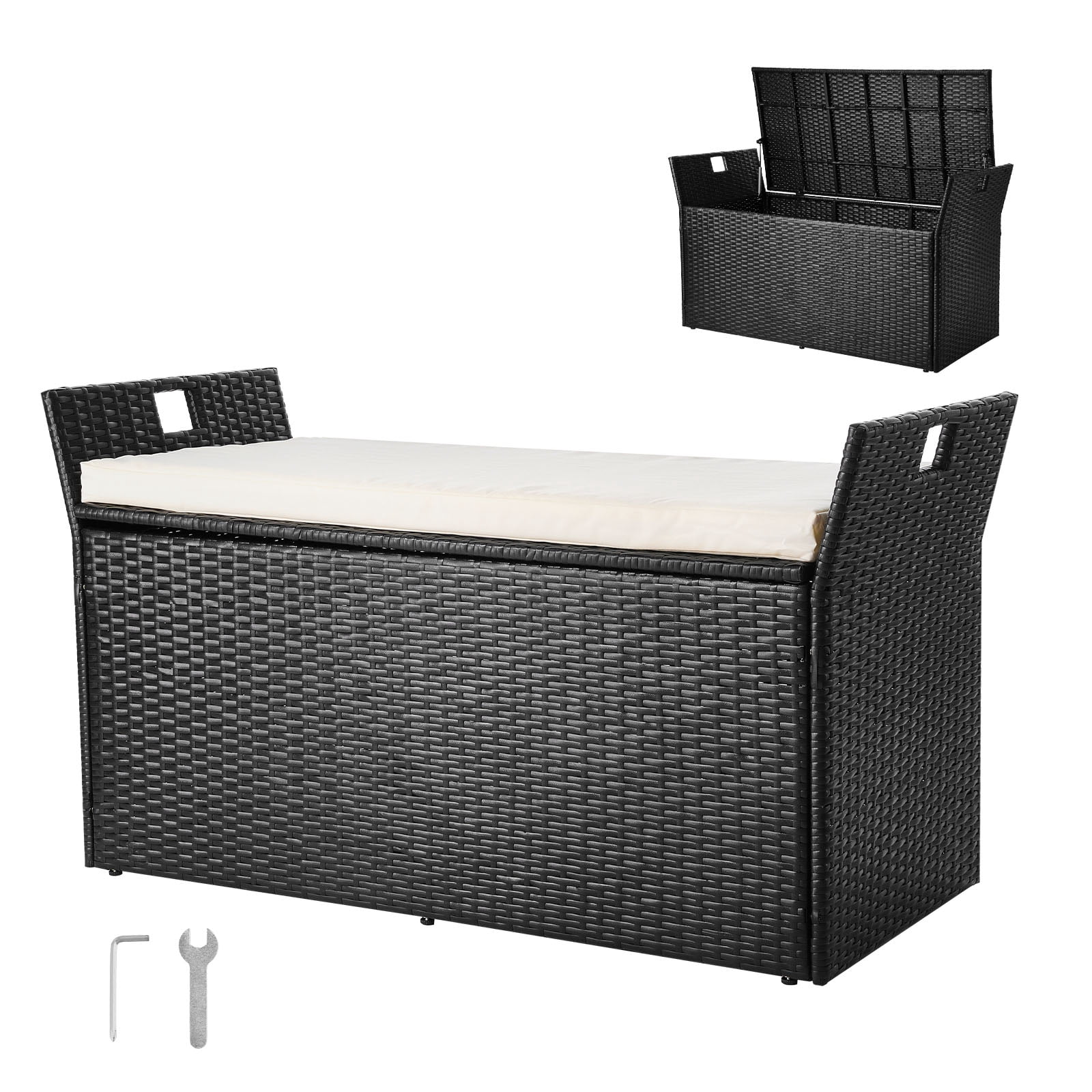 VEVOR Banc de Rangement Extérieur 90 Gal, Coffre de Terrasse en Rotin PE pour Patio et Jardin, Siège Extérieur et Rangement