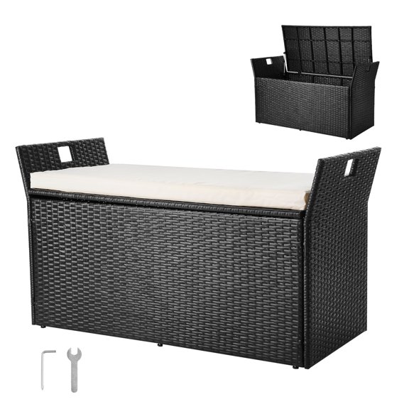 VEVOR 90Gal Outdoor Storage Bench, PE Rattan Deck Box for Patio & Garden, Outdoor Seat & Storage