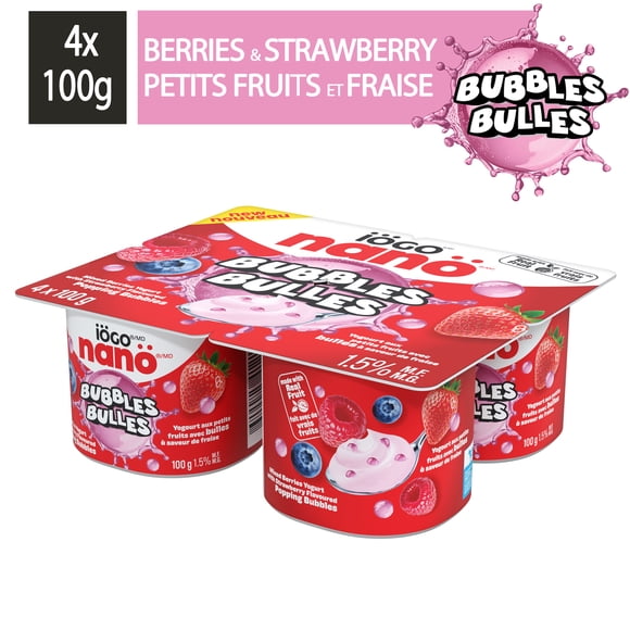 iÖGO nanö bubbles, mixed berries yogurt with strawberry bubbles 1.5%, 4x100g