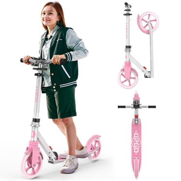 UPGO Kick Scooter for Ages 6+,Kid, Teens & Adults. Max Load 240 LBS. Foldable, 8 IN Big Wheels, 4 Adjustable Levels, Lightweight, Pink