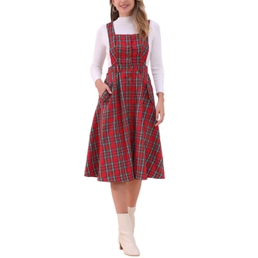 INSPIRE CHIC Plaid Overall Dress for Women's Sleeveless A-Line Pinafore Dress with Vintage Style L Red Green