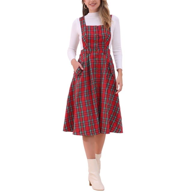 INSPIRE CHIC Robe Salopette à Carreaux pour Femme, Robe Chasuble Vintage Sans Manches Ligne a à Carreaux Rouges et Verts. Présente un Encolure Carrée, devant à Boutons, Taille Haute et design Ceinturé avec Poches Latérales. la silhouette Évasée s'Agence avec un Haut Blanc à Manches Longues et des Bottines Blanches, Convient aux occasions Décontractées Ou preppy.