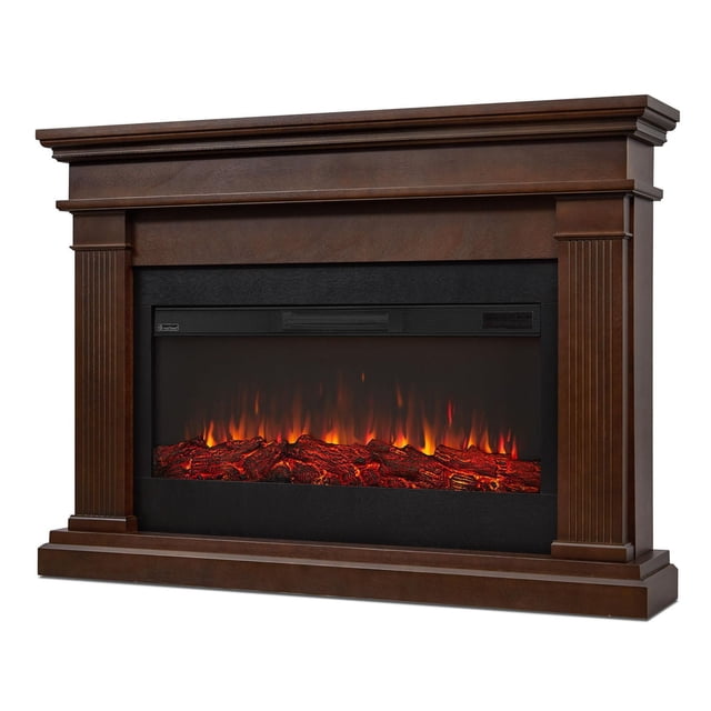 Beau 59" Landscape Electric Fireplace in dark walnut finish with a wide infrared electric firebox featuring LED flames and glowing embers, classic mantel with fluted columns, providing 5100 BTU supplemental heat for rooms up to 1000 sq ft.