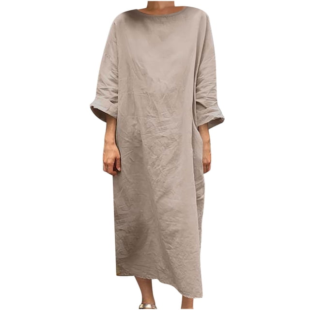 TopLLC Robe d'Été pour Femmes Robe en Coton et Lin Col Ras du Cou Manches Courtes T-Shirts Basiques Unis Robes Maxi Décontractées avec Poche Robe Grande Taille