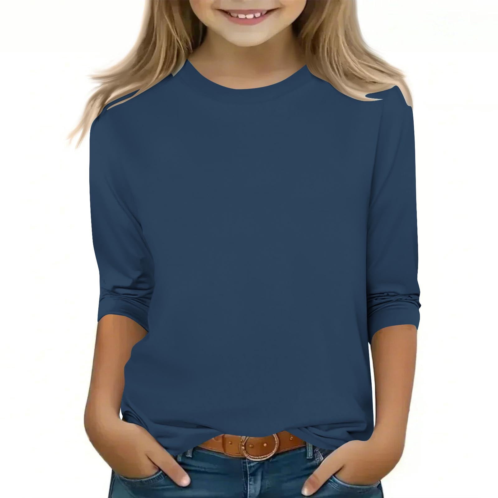 2025 Chemises à Manches 3/4 pour Filles Mode Couleur Unie Col Rond Hauts Chemises Décontractées Marine