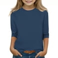thumbnail image 1 of 2025 Chemises à Manches 3/4 pour Filles Mode Couleur Unie Col Rond Hauts Chemises Décontractées Marine, 1 of 6