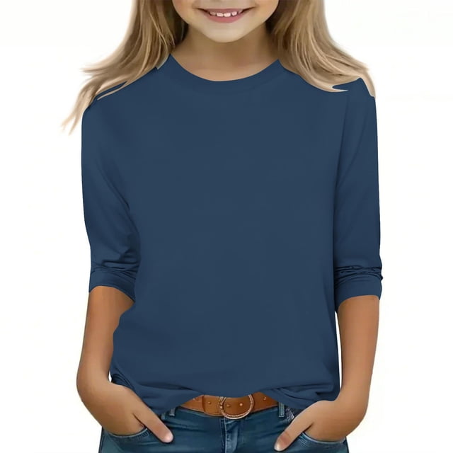 2025 Chemises à Manches 3/4 pour Filles Mode Couleur Unie Col Rond Hauts Chemises Décontractées Marine
