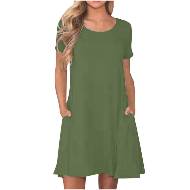 Ovzne Robes d'Été pour Femmes Robe de Plage Mode Femmes Été Décontractée Col Rond Manches Courtes Robe Mini Unie Grande Taille Robe Maxi Manches Courtes Liquidation