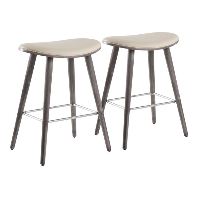 Tabouret Hauteur de Comptoir en Forme de Selle de LumiSource, Ensemble de 2, avec Sièges Selle en Similicuir beige Profilé, Pattes Effilées en Bois Massif Gris et Repose-Pieds en Métal, Conçu pour des Sièges de Hauteur de Comptoir Fixes dans les Cuisines Ou les Salles à Manger, Convient Aussi aux Sièges Compacts dans les bars à la Maison Ou les Espaces de Travail.