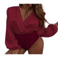 thumbnail image 1 of Combinaison Moulante à Manches Longues pour Femmes, Col en V Profond, Plissée, Aguichant, Imprimé Léopard Patchwork, Hauts de Combinaison pour Dames, 4 Couleurs, Rouge, G, 1 of 5