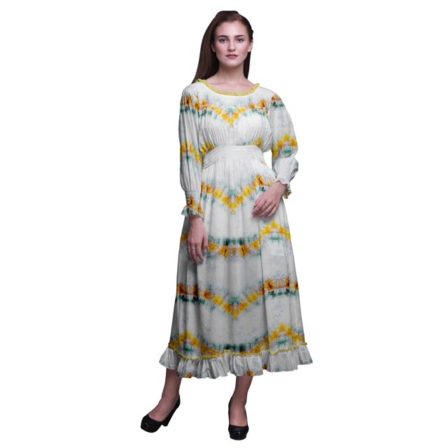 Bimba Tie-Dye Women Cotton Smocked Boho Renaissance Long Ruffle MaxiDress-XX-Large