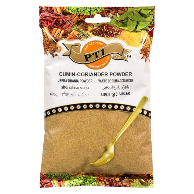 CUMIN+CORIANDER POWDER by PTI in a 400g clear pouch with a gold spoon graphic and white multilingual label, featuring colorful Indian spice illustrations, suitable for enhancing Indian vegetable dishes, savouries, and snacks.