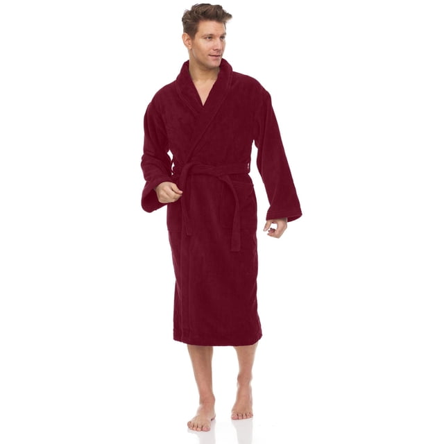 Men's Bath Robe in deep burgundy plush microfleece with shawl collar, long sleeves, waist tie belt, and side pockets, shown front-facing on a standing model against white background, offering lightweight warmth and comfort for all seasons, also suitable as a cozy loungewear layer at home.