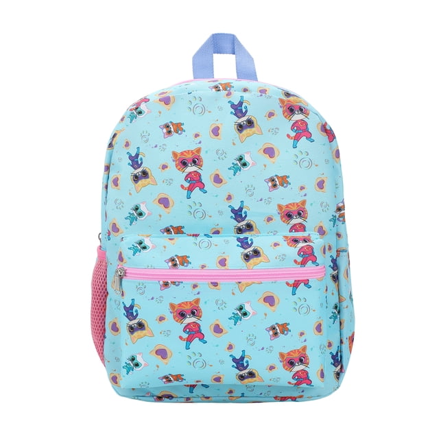 SuperKitties Favorite Characters 16” Kid's Backpack For School And Travel featuring a bright, colorful all-over print of Sparks, Buddy, Ginny, and Bitsy on a light blue background. The backpack includes a spacious main compartment with a top zipper, a large front zippered pocket, and pink mesh side pockets for water bottles. It has padded, adjustable shoulder straps and a top handle for easy carrying. Dimensions are 16”h x 12”w x 5”d, making it ideal for school supplies or travel essentials. Officially licensed SuperKitties product.