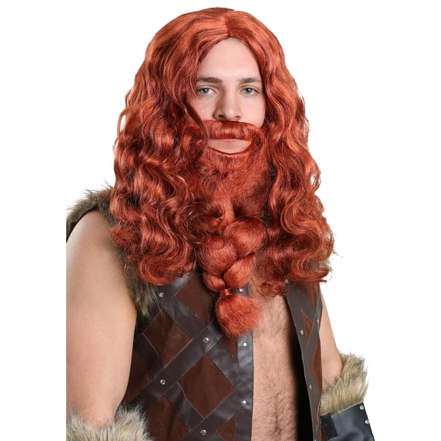 Adult Red Viking Wig and Beard Set with long, wavy red faux hair made of 100% polyester. Includes a separate braided beard with elastic bands for secure wear. Ideal for Halloween costumes, Renaissance fairs, or themed events, styled to resemble Norse heritage. A great Halloween accessory for men.