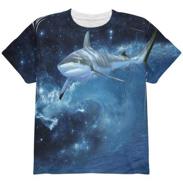 Shark Swimming in Space Galaxy All Over Youth T Shirt