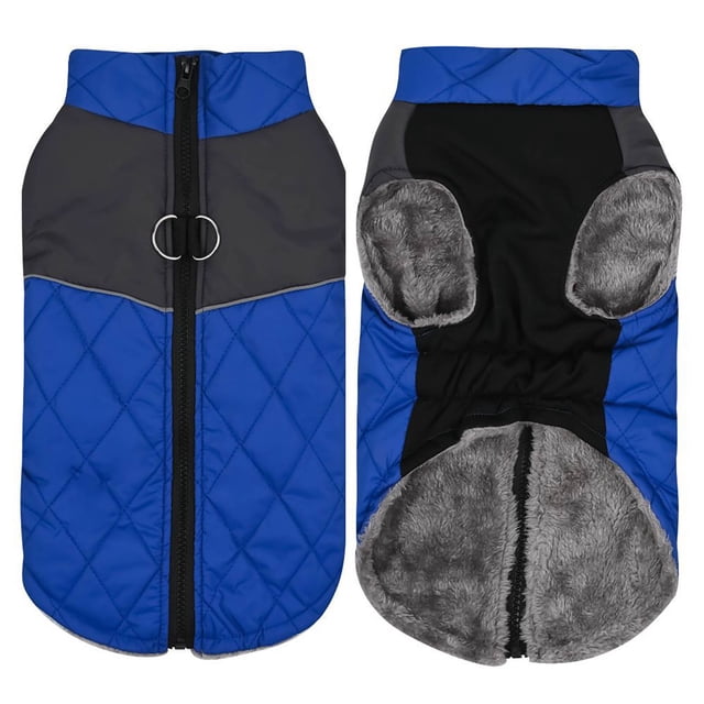 Kcodviy Reflective Waterproof Pet Coat for medium dogs, featuring a quilted blue and grey exterior with a zipper closure and dual D-ring attachments for leash compatibility. The interior is lined with soft, warm grey fleece for comfort in cold weather. This lightweight, windproof dog jacket is ideal for small, medium, and large dogs during winter or fall, suitable for indoor and outdoor activities.