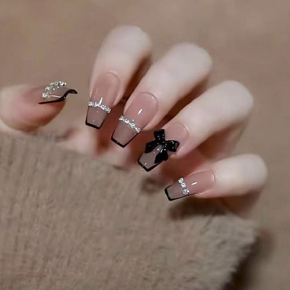 HLONK 24Pcs Gel Press on Nails  Gel French Long Fake Nails  Press on Tips With Glue  Rhinstone with Butterfly  NO.13