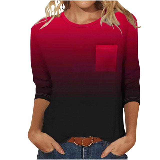 FAIWAD Womens 3/4 Sleeve Tunic Tops Color Block Round Neck Shirt Soft Lightweight Loose Top with Chest Pockets