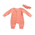 thumbnail image 3 of 2Pcs Baby Girls Outfit Solid Color Single-breasted Long Sleeve Romper with Pocket Headband Fall Outfits Set, 3 of 6
