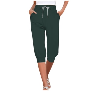 Bmisegm Women's Fashion Casual High Waist Drawstring Joggers Capris, Dark Green, XL