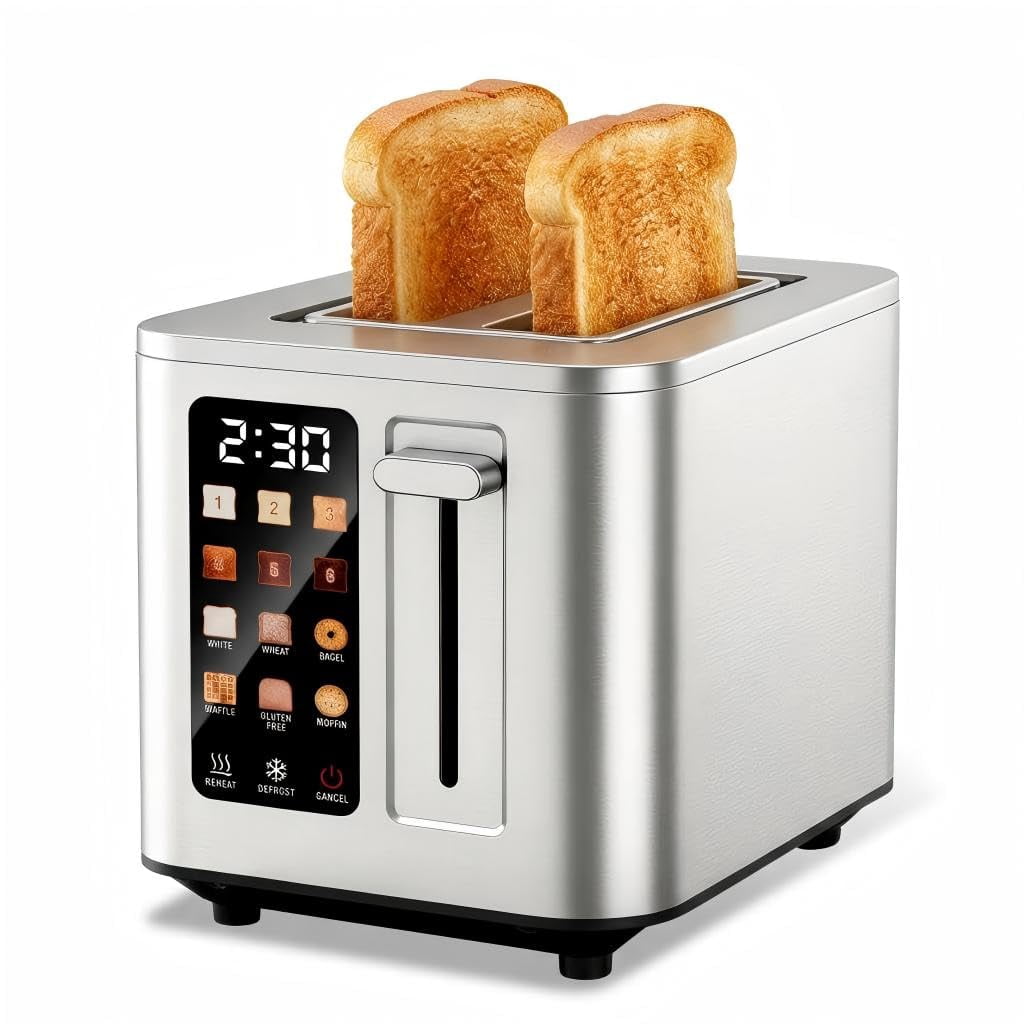 2026 Upgraded TAZTIR Touch Screen Toaster 2 Slice, Premium Stainless Steel Digital Bread Toaster with Timer, 1.5'' Wide Slot, 6 Shade Settings & 6 Bread Types, Bagel Def