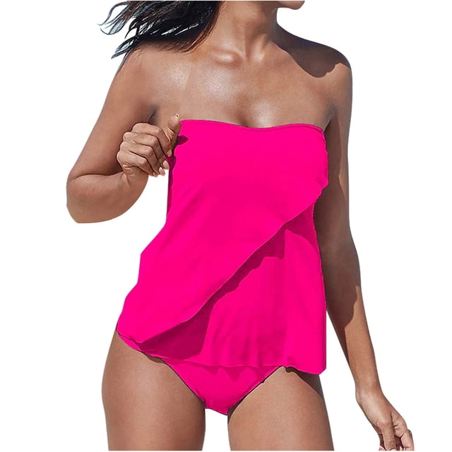 Penkiiy Womens Two Piece Bathing Suits Strapless Tankini Top Ruffle Design Swimsuit with Bottoms Swimwear S Hot Pink