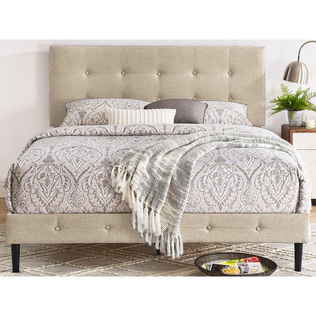 DeCoro Cambridge Lit Plateforme en Bois Rembourré, Grand Lit, Lin