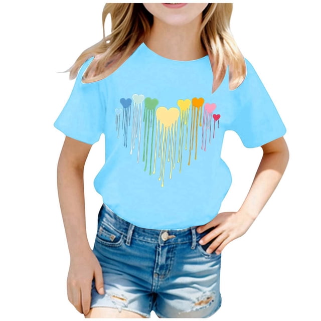 LUOGENLI T-Shirt pour Filles Enfant Filles Mignon Mode Imprimé Col Rond Manches Courtes Tee Été Décontracté Doux Ample T-Shirt Hauts Maxi Chemises pour Filles Été 2025 Floral Fluide Boho Hauts Bleu 8-10 Ans