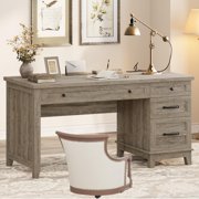 QinaQin Farmhouse-Style Office Desk with Charging Station and File Drawers | 53.5-Inch Wooden Computer Desk with Built-In USB Ports for An Executive Computer Workspace In a Home Office