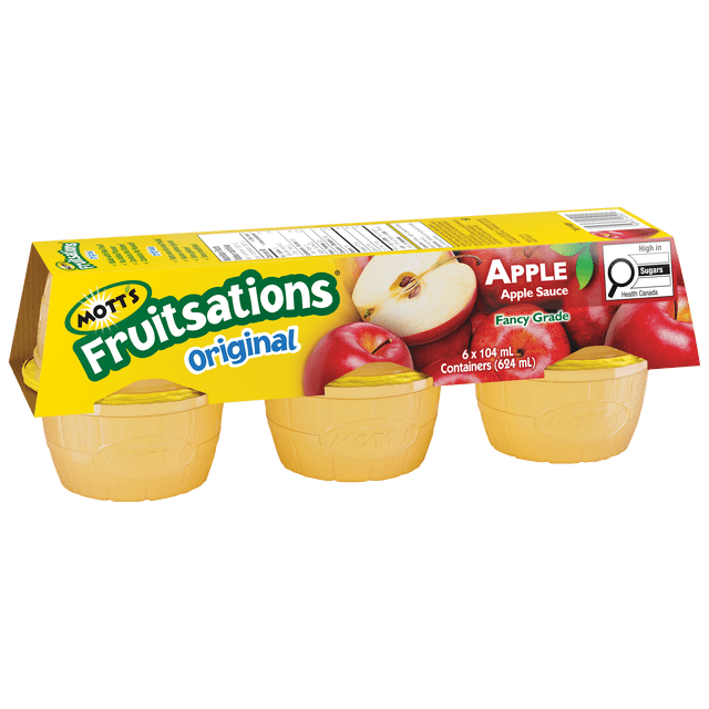 Fruitsations de Mott's Compote de Pommes Originale, Lot de Six avec des Gobelets en Plastique Jaunes et une Manchette en Carton Jaune Vif Montrant des Pommes Rouges et une Pomme Tranchée, Saveur de Pomme Étiquetée et Qualité Fantaisie, Chaque Contenant de 104 ml Idéal comme Collation aux Fruits Ou option de Collation Pratique.