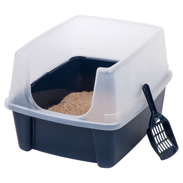 IRIS USA Open-Top Cat Litter Box with Shield and Scoop, Navy, measuring 19 x 15 x 11.75 inches, with high sides for litter containment, a polished interior for easy cleaning, and a matching scoop. The open-top design provides accessibility, while molded-in feet ensure stability.
